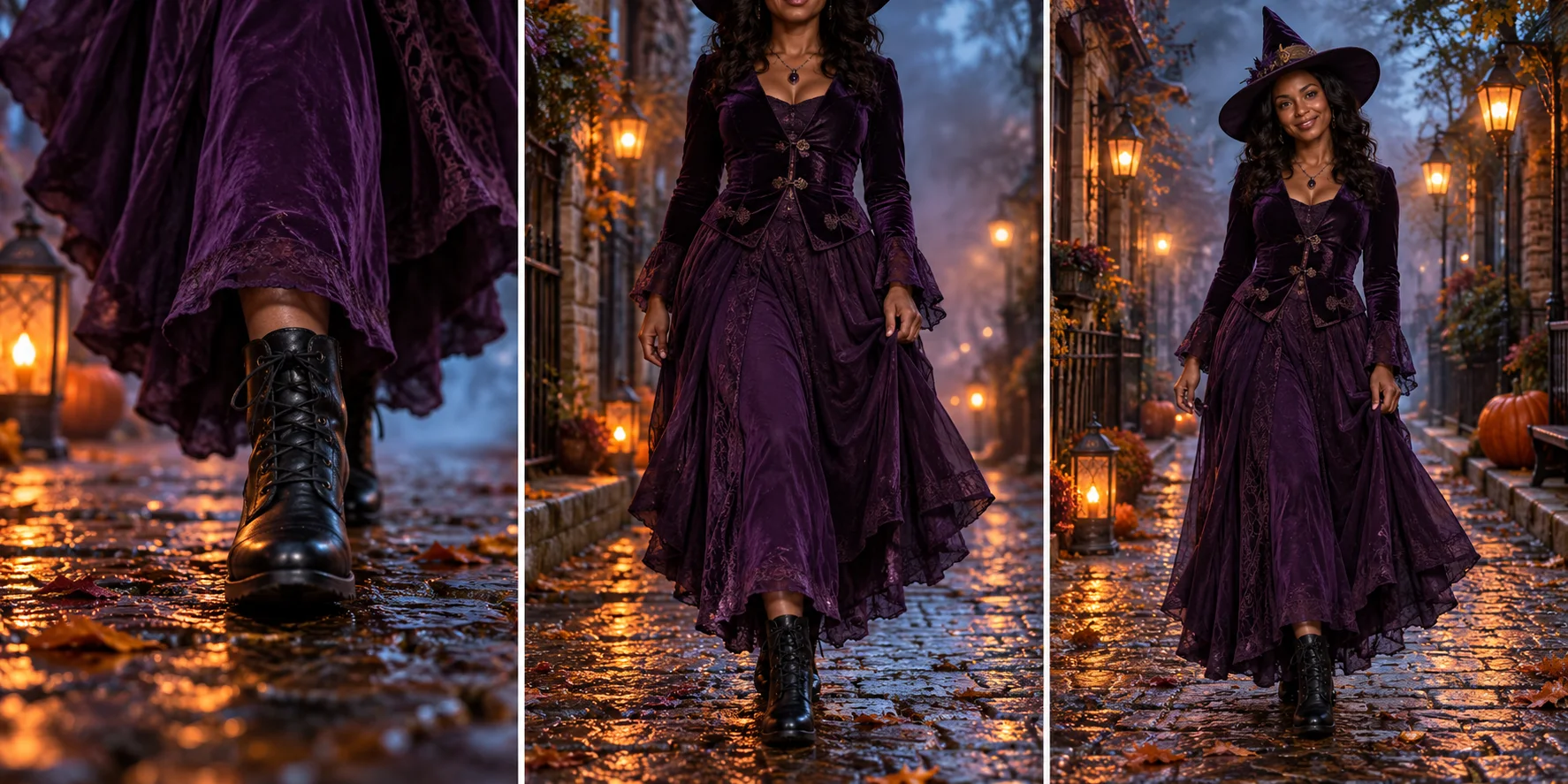 Three concept panels: boots on an autumn street, camera rising over a purple witch outfit, then the costume and face revealed.